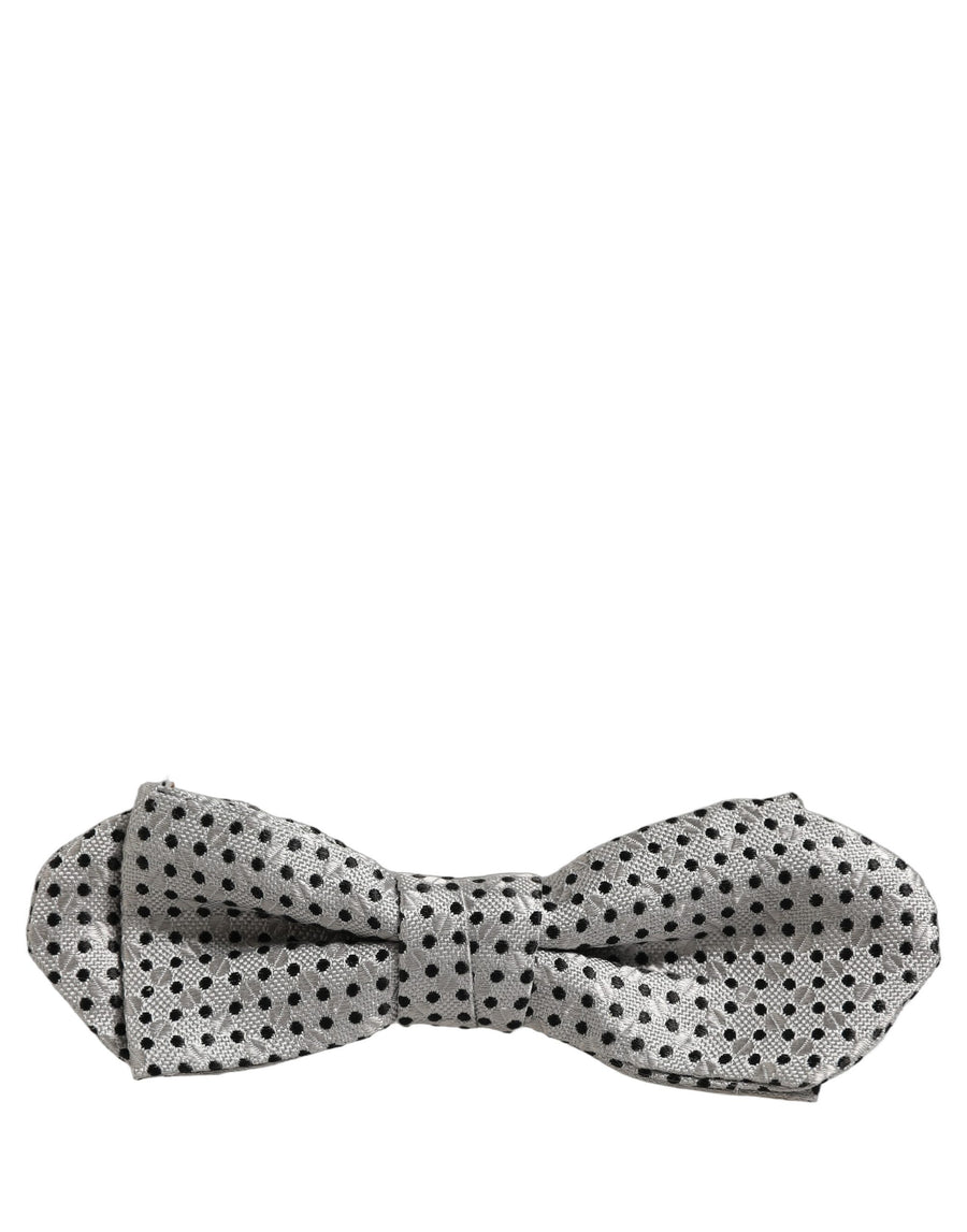Men Silver Black Polka Dot Adjustable Neck Papillon Bow Tie