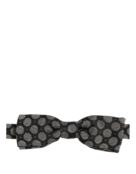 Dark Gray White Geometric Silk Adjustable Neck Papillon Bow Tie