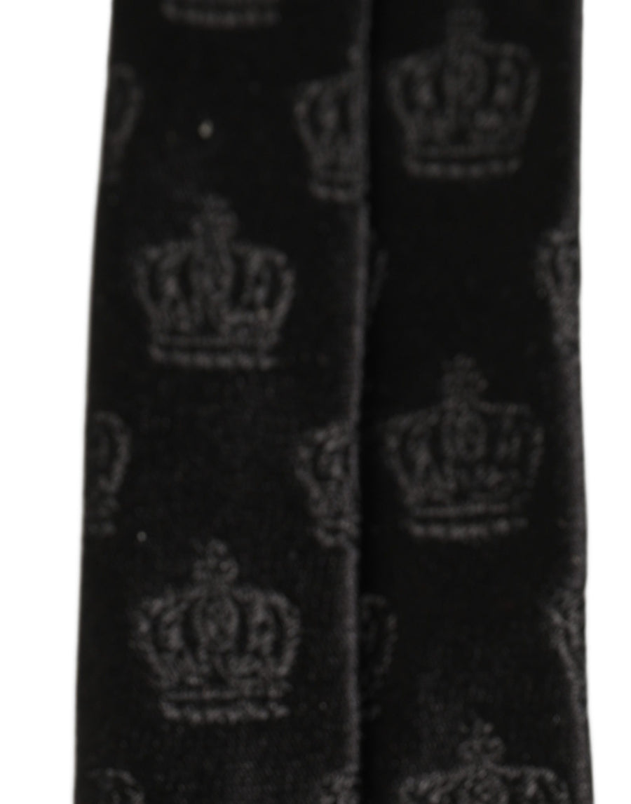 Men Black Crown Print Silk Adjustable Tied Necktie Tie