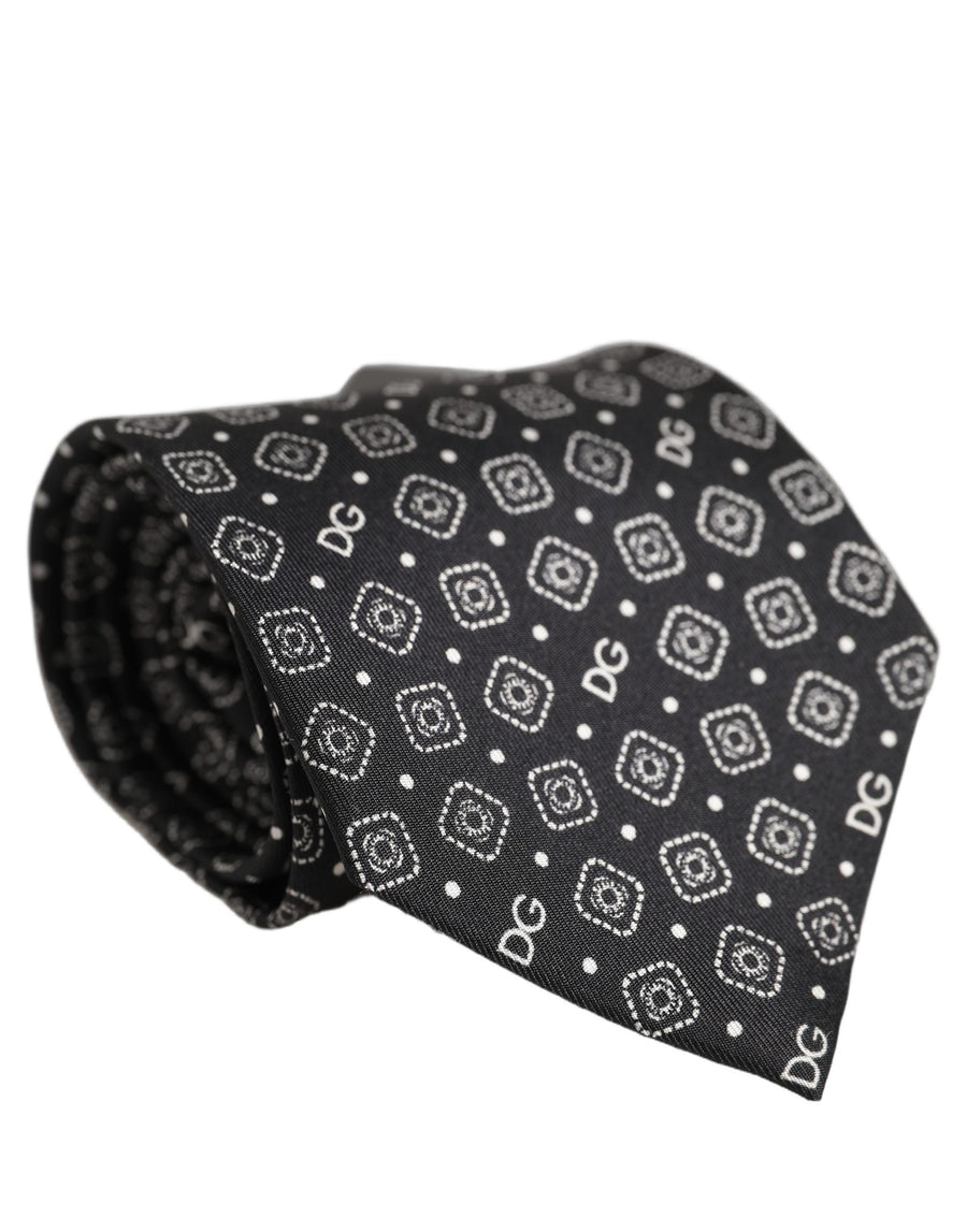 Men Black DG Logo 100% Silk Adjustable Tied Necktie Tie