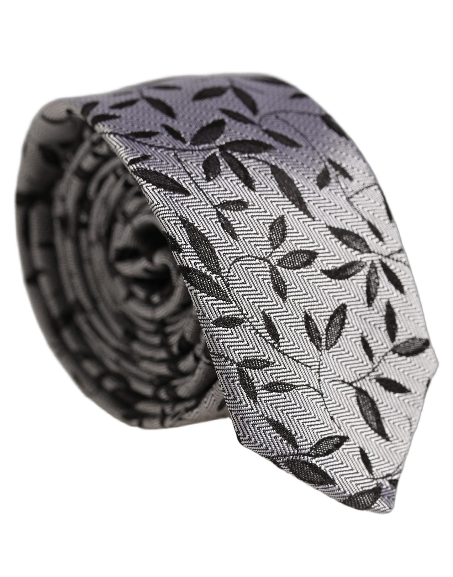Men Gray Leaf Pattern Silk Adjustable Tied Necktie Tie