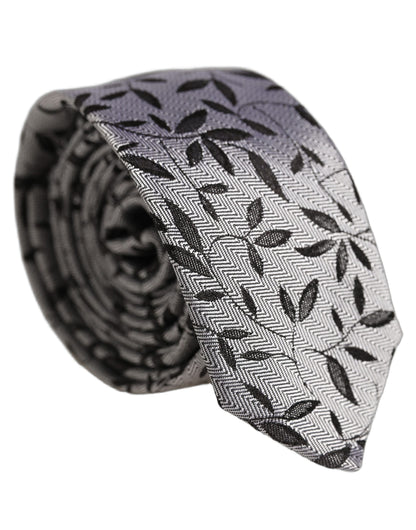 Men Gray Leaf Pattern Silk Adjustable Tied Necktie Tie