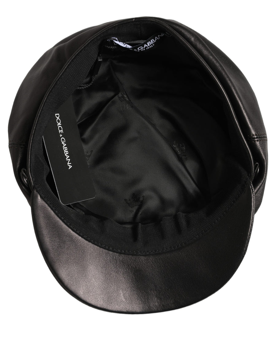 Black Lambskin Leather Newsboy Capello Hat