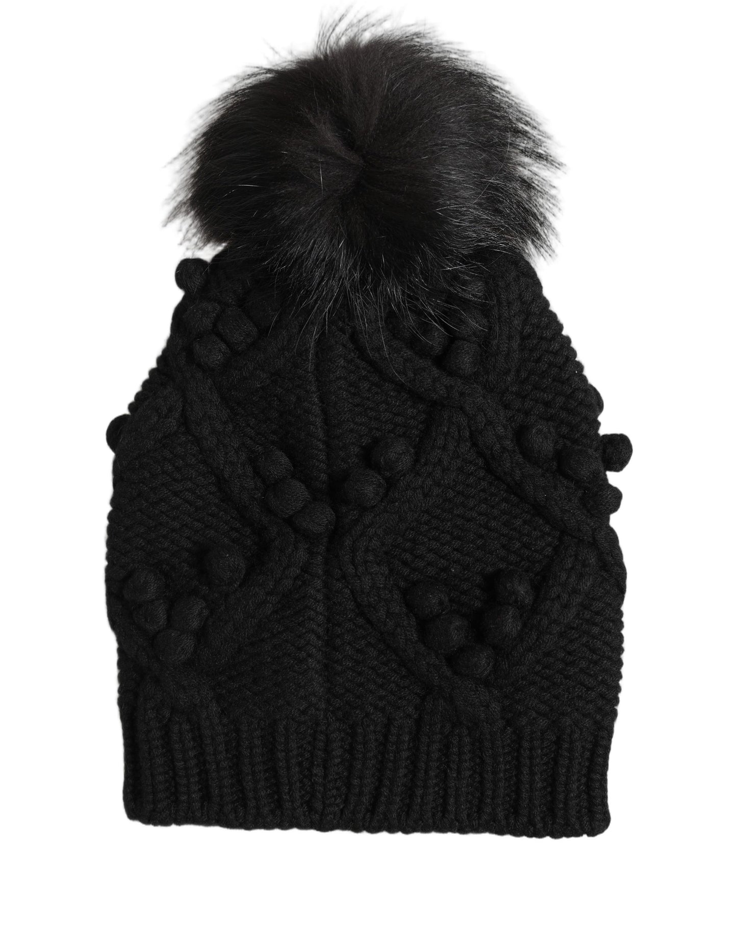 Black Cashmere Knitted Fur Pom-Pom Beanie One Size Hat