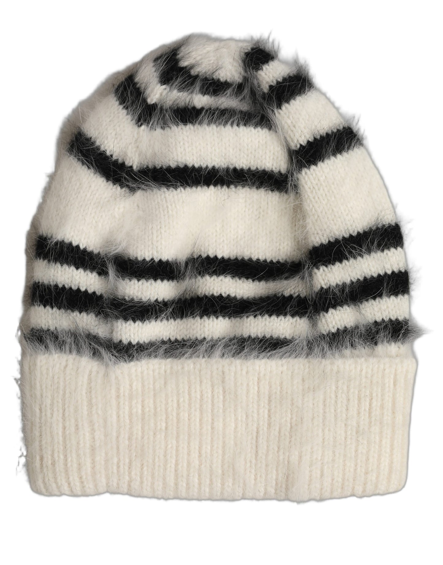 Black White Striped Angora Knitted Beanie One Size Hat