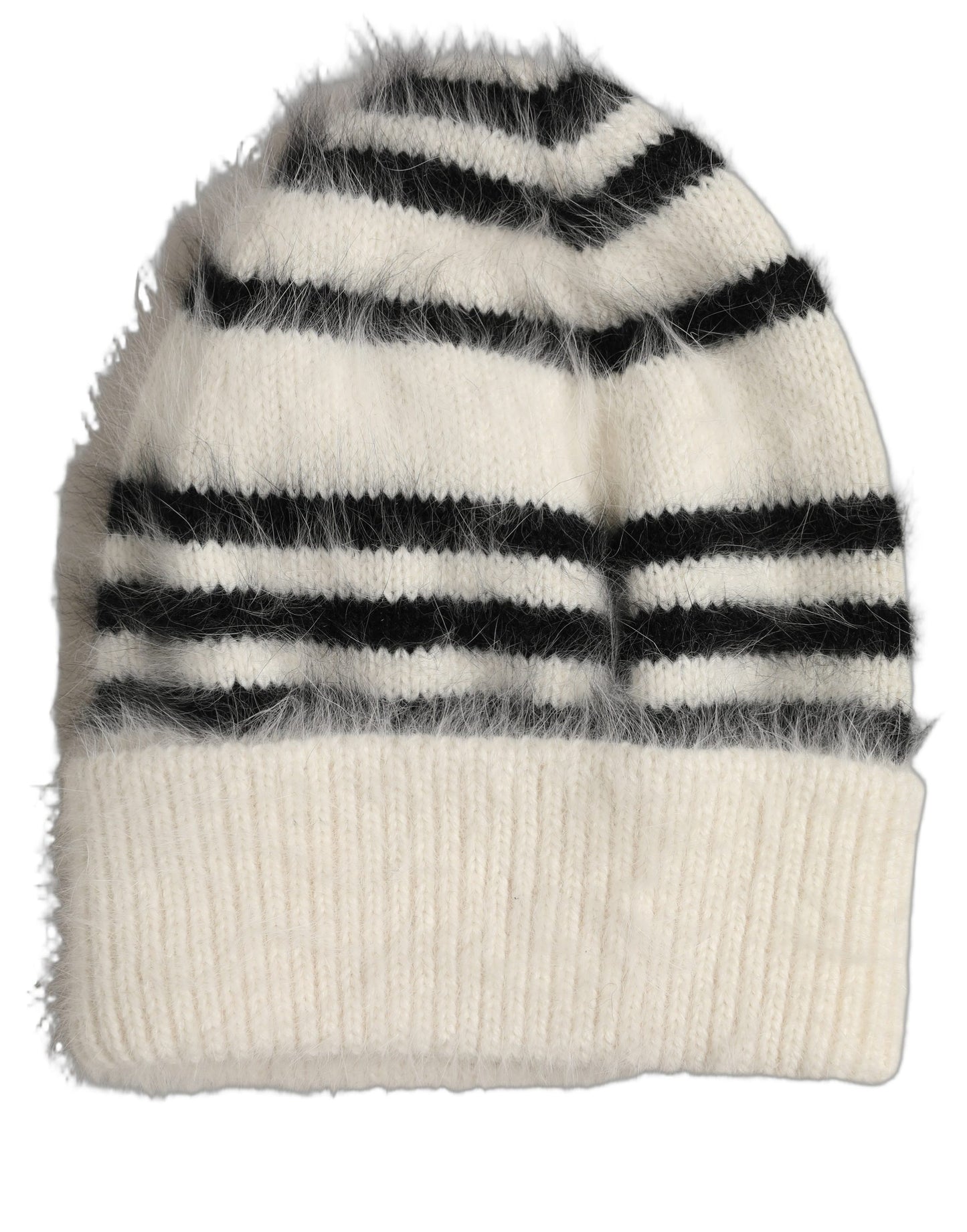 Black White Striped Angora Knitted Beanie One Size Hat