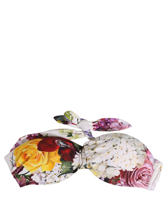 White Floral Print Nylon Beachwear Bikini Top