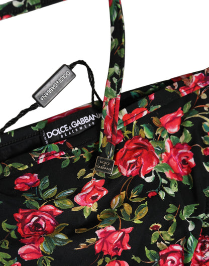 Black Floral Print Nylon Beachwear Bikini Bottom