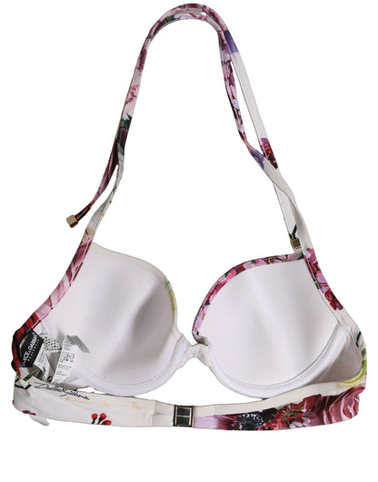 White Floral Print Nylon Beachwear Bikini Top