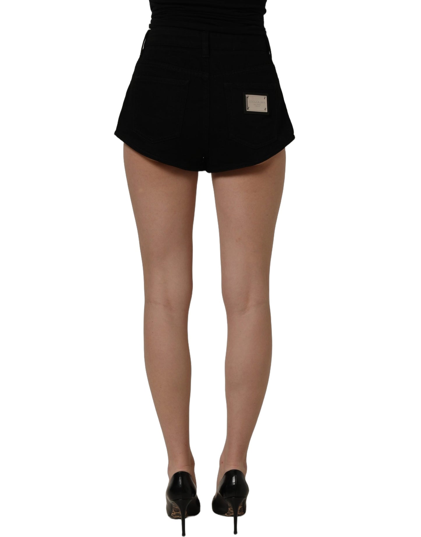Black Cotton Mid Rise Denim Hot Pants Shorts
