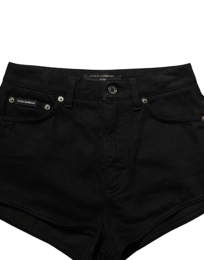 Black Cotton Mid Rise Denim Hot Pants Shorts