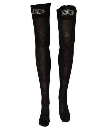 Black DG Logo Rhinestones Stretch Thigh High Socks