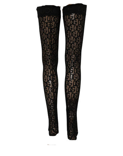Black DG Logo Sheer Nylon Thigh High Socks