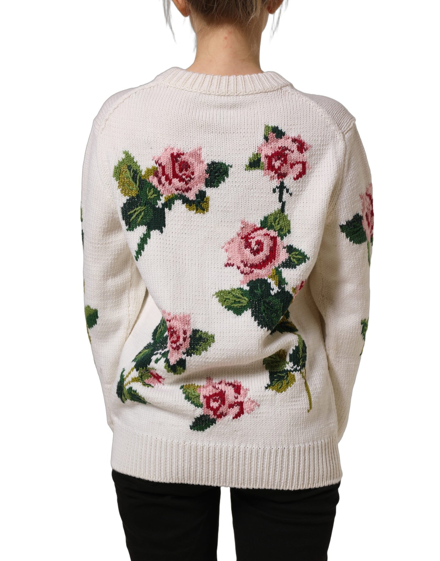 White Wool Floral Crew Neck Pullover Sweater