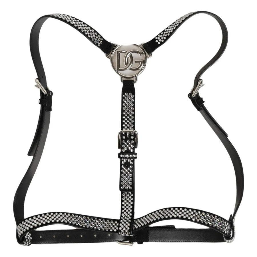 Black Leather Rhinestones Embellished Men Suspender
