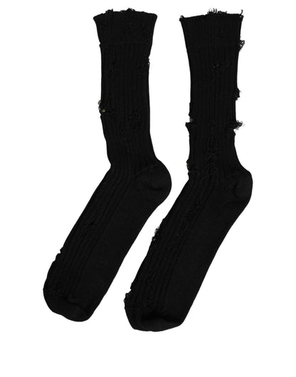 Black Cotton Distressed Mid Calf Accessory Socks