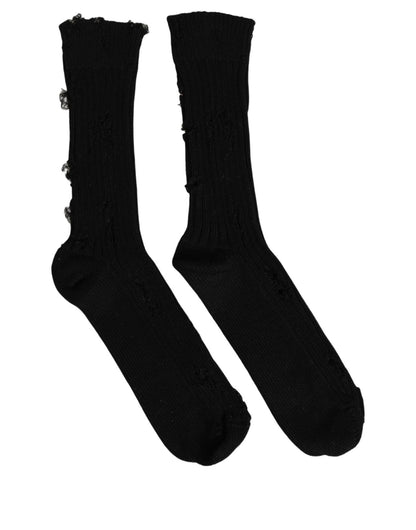 Black Cotton Distressed Mid Calf Accessory Socks