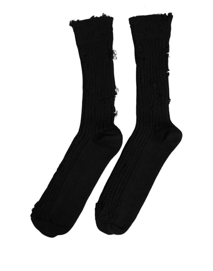 Black Cotton Distressed Mid Calf Accessory Socks