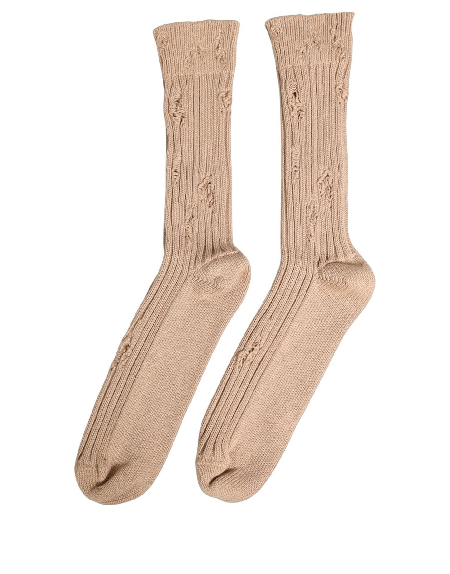 Beige Cotton Distressed Mid Calf Accessory Socks