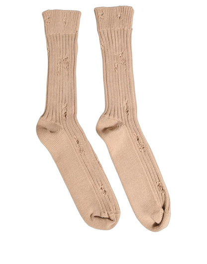 Beige Cotton Distressed Mid Calf Accessory Socks
