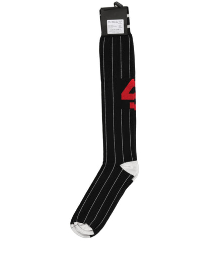Men Black Pinstripe Logo Knee High Accessory Socks