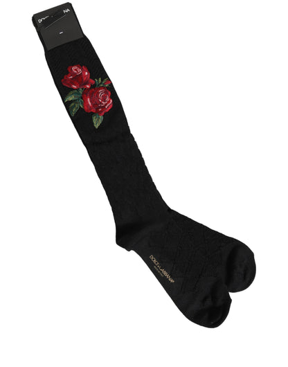 Black Wool Floral Over The Calf Accessory Socks