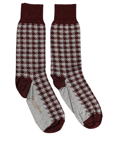 Maroon Gray Houndstooth Mid Calf Accessory Socks