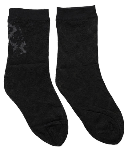 Black Floral Nylon Stretch Mid Calf Socks
