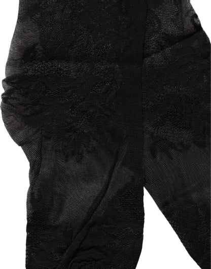 Black Floral Nylon Stretch Over The Calf Socks