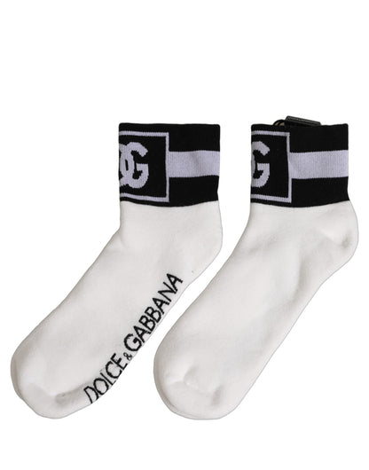 White Black Cotton Ankle Length DG Logo Socks