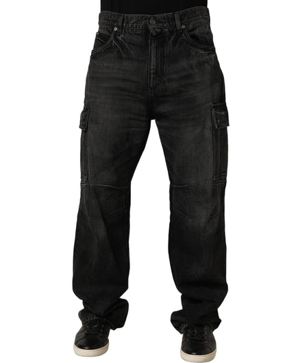 Dark Gray Cotton Baggy Cargo Men Denim Jeans