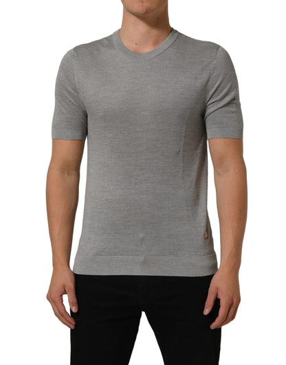 Gray Silk Crew Neck Short Sleeves T-shirt