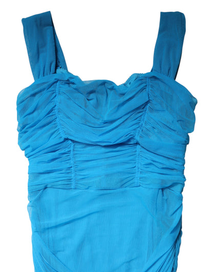 Blue Ruched Tulle Midi Square Neck Dress