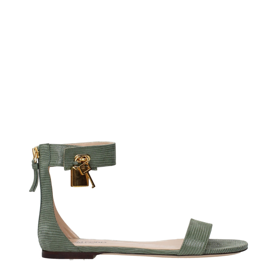 Green Leather Flat Sandals