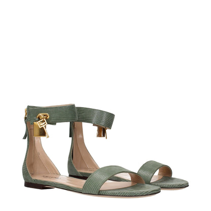Green Leather Flat Sandals