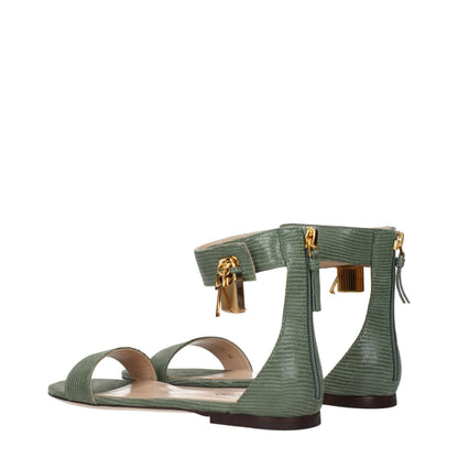 Green Leather Flat Sandals