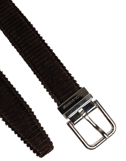 Men Brown Velvet Ridged Silver Buckle Belt