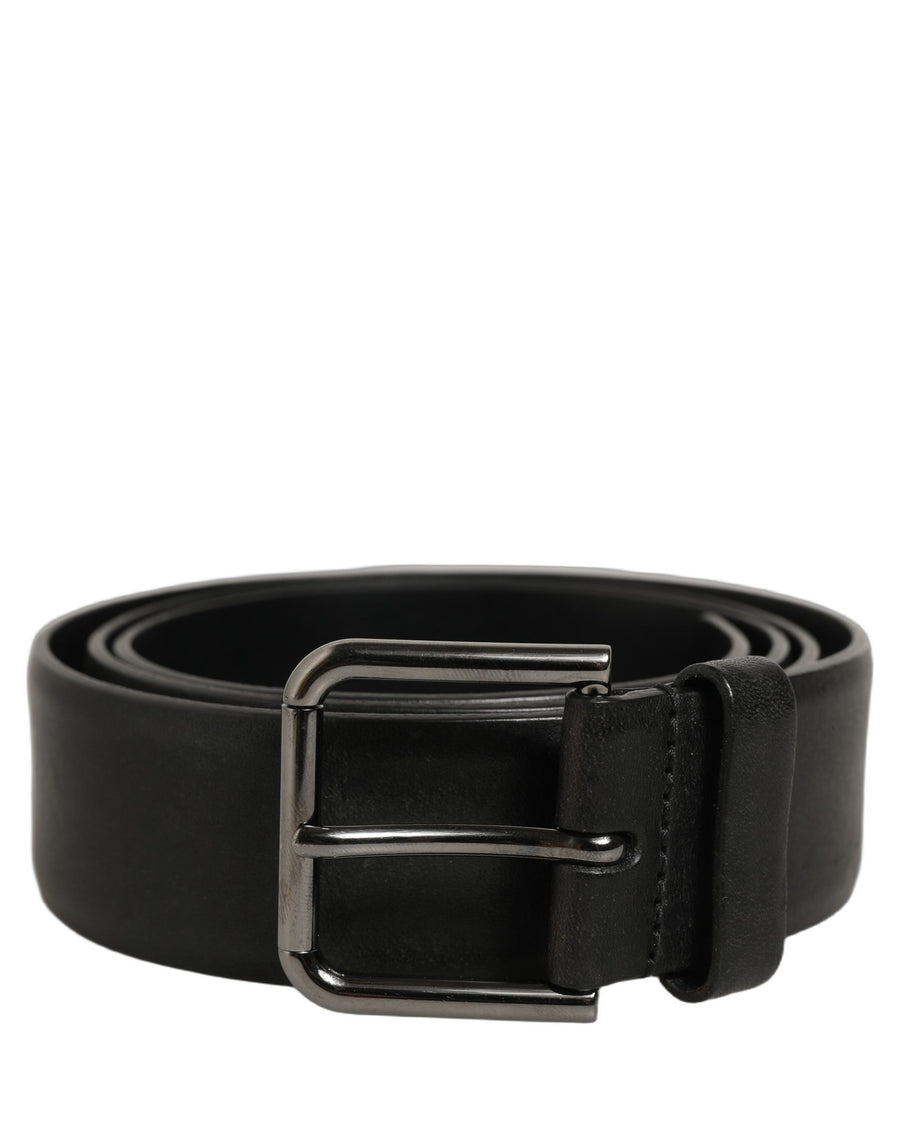 Black Calf Leather Classic Silver Buckle Belt