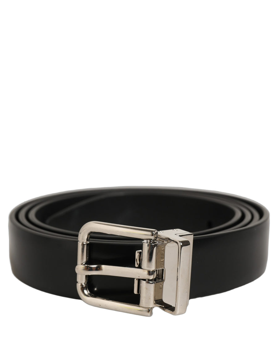 Black Leather Silver Tone Metal Buckle Belt