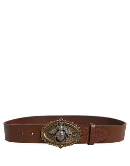 Brown Leather Bee Accent Metal Buckle Belt