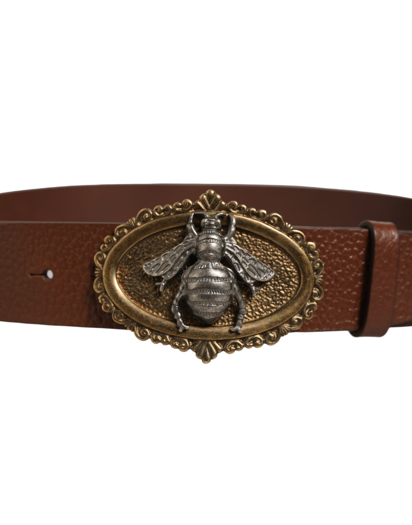 Brown Leather Bee Accent Metal Buckle Belt