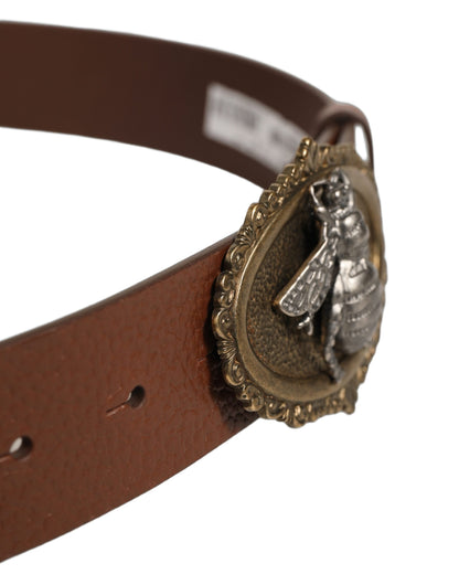 Brown Leather Bee Accent Metal Buckle Belt