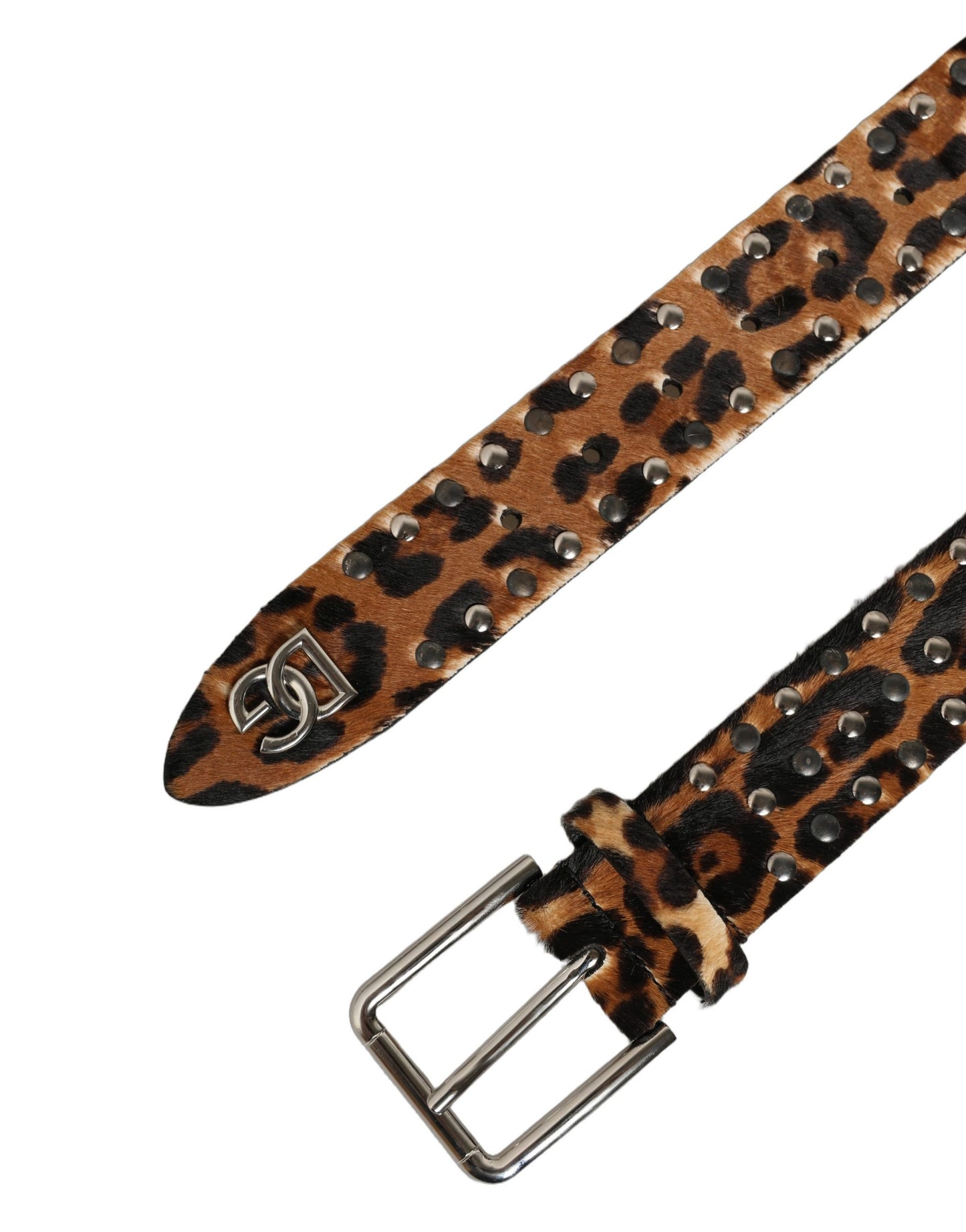 Brown Leopard Calf Hair Studs Metal Buckle Belt