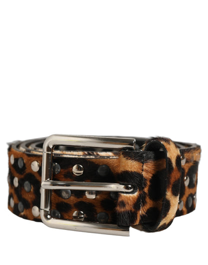 Brown Leopard Calf Hair Studs Metal Buckle Belt