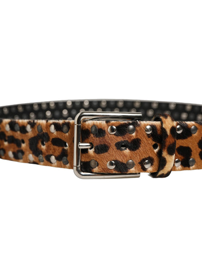 Brown Leopard Calf Hair Studs Metal Buckle Belt