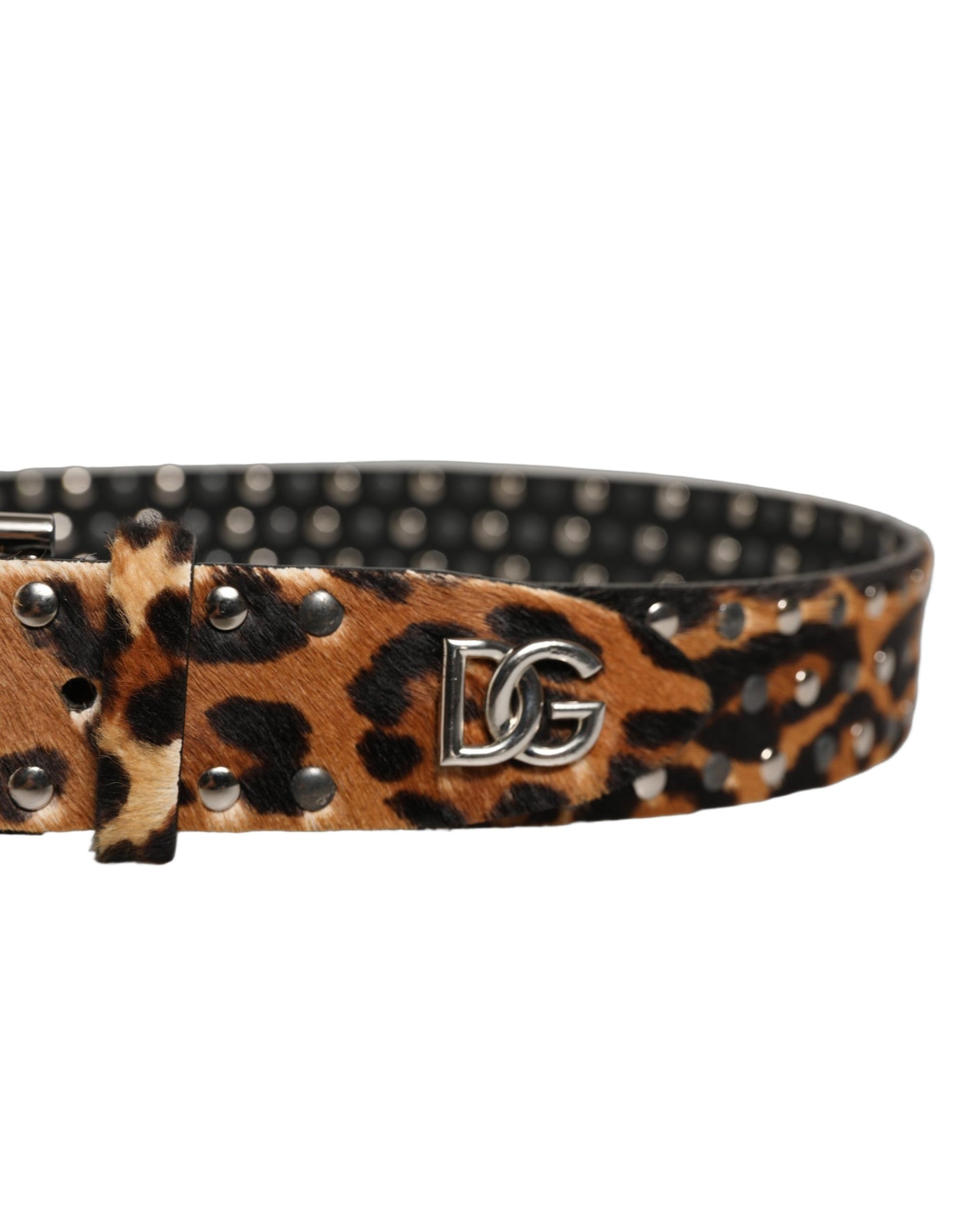 Brown Leopard Calf Hair Studs Metal Buckle Belt
