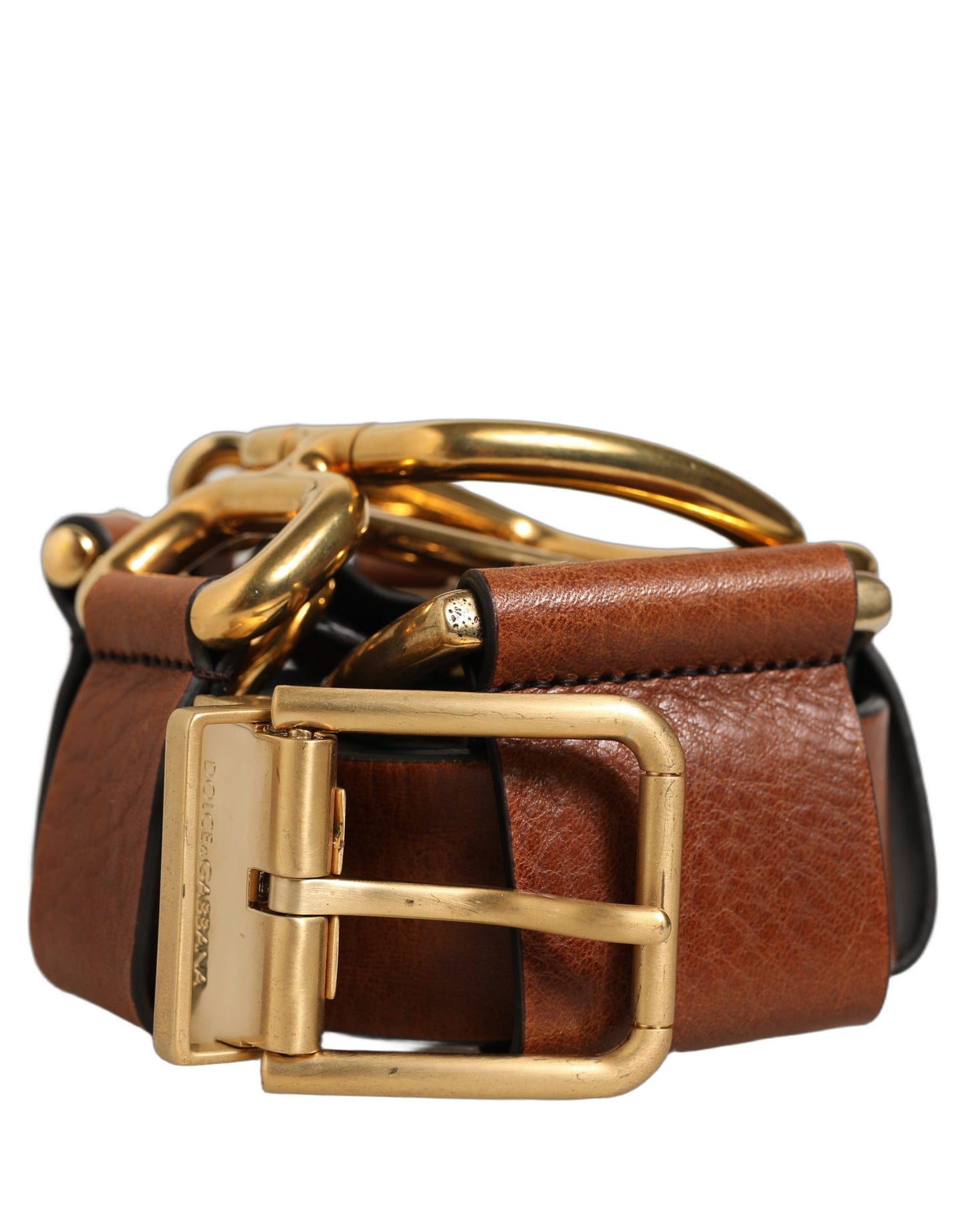 Brown Leather Gold Metal Rings Buckle Belt