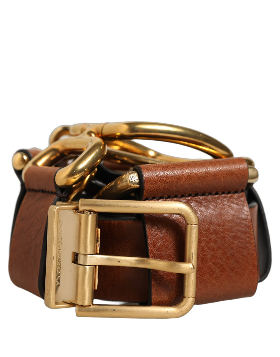 Brown Leather Gold Metal Rings Buckle Belt