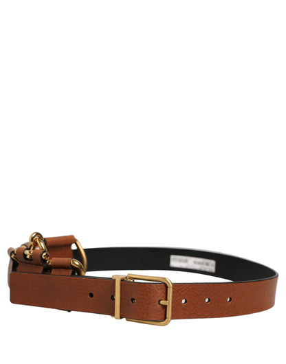 Brown Leather Gold Metal Rings Buckle Belt