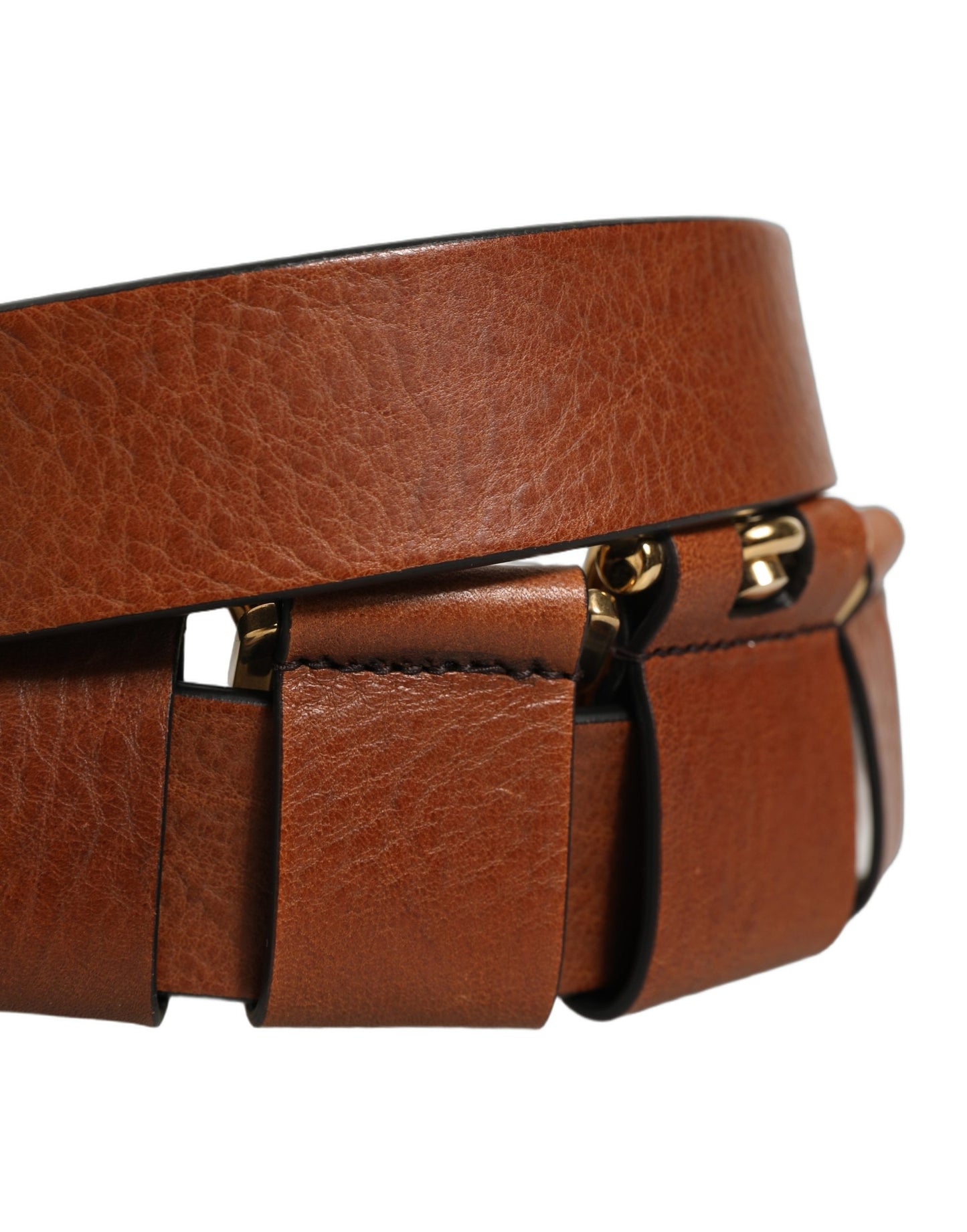 Brown Leather Gold Metal Rings Buckle Belt